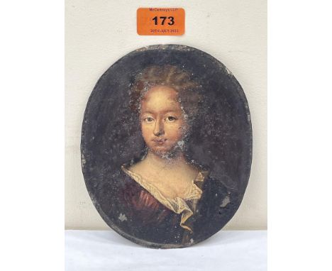 ENGLISH SCHOOL 18th/19th CENTURY. Portrait of a lady in the manner of Mary Beale 1633-1699. Oil on tin panel. 6½' x 5½' oval.