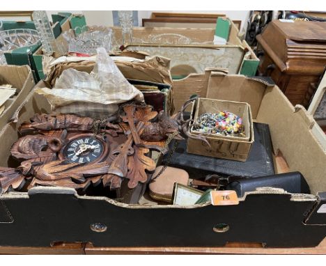 A box of sundries to include a cuckoo clock, records, costume jewellery, travel clocks etc.