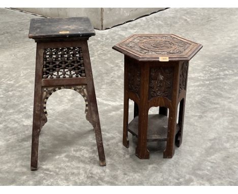 An oak carved hexagonal lamp table 21' high and an Indian bone inlaid and spindle turned example.