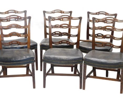 A set of six late 19th/early 20thC mahogany dining chairs, in George III style, each with a pierced ladder back, a brown bras