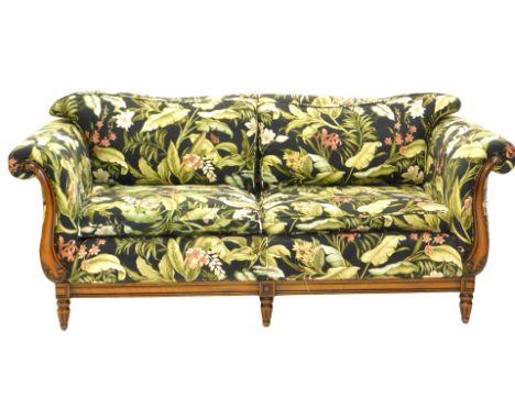 A Medallion Upholstery Ltd Mendelssohn fabric sofa, with beech part show frame, in regency style, 200cm wide. 