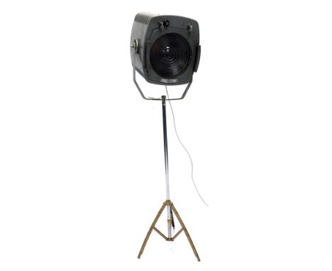 A Vintage Strand electric theatre light, with adjustable supports, tripod base, re-wired, 150cm high.