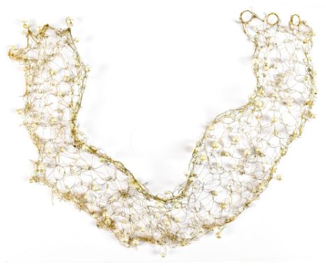 An unusual yellow metal crystal and simulated pearl choker of openwork wire design, length approx 40cm, width approx 7cm.Addi