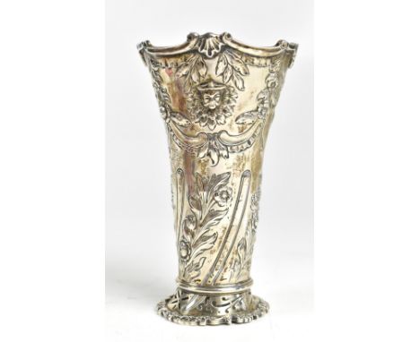 HERBERT CHARLES LAMBERT; a good quality George V hallmarked silver trumpet vase with applied Chinese figural masks and emboss