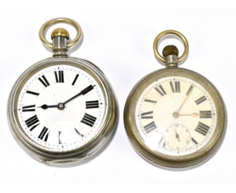 RAILWAY INTEREST (S.R. &amp; L.S.W.R.); a plated crown wind pocket watch with white enamel dial set with Roman numerals and s