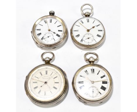 Four variously hallmarked silver key wind open face pocket watches including a chronograph, all four with Roman numerals to t