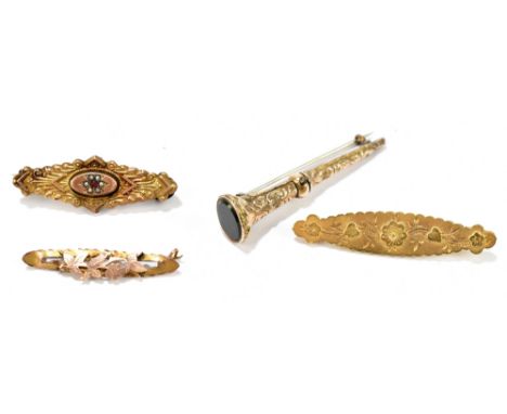 Four yellow metal bar brooches, one example converted from a propelling pencil with blood stone finial (part af).Additional I