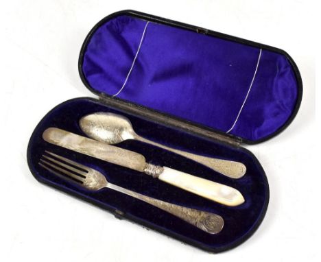 WALKER &amp; HALL (JOHN EDWARD BINGHAM); a cased matched hallmarked silver three piece christening set comprising spoon, fork
