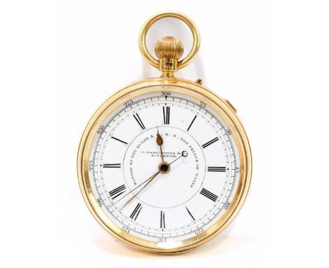 J. HARGREAVES & CO OF LIVERPOOL; an 18ct yellow gold crown wind open face pocket watch, the white enamel dial set with Roman 