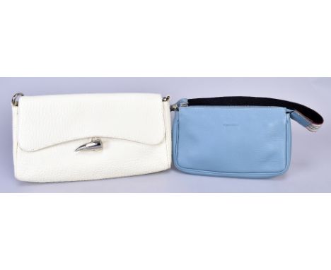 BURBERRY; a light blue grainy calf leather shoulder bag with Burberry signature stripe shoulder strap, 22 x 13x 3cm (with dus