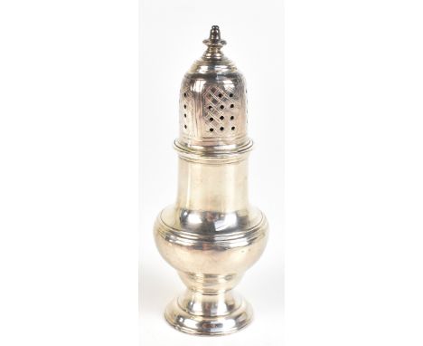 SAMUEL WOOD; a George II hallmarked silver sugar caster with pierced domed cover on spreading circular foot, London 1752, hei