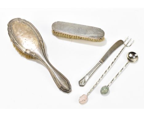 A hallmarked silver two piece dressing table set, and a white metal toasting fork with hard stone finial and similar smaller 