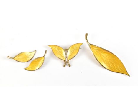 DAVID ANDERSEN; a suite of sterling silver gilt and yellow/orange enamel decorated jewellery comprising leaf shaped brooch, s