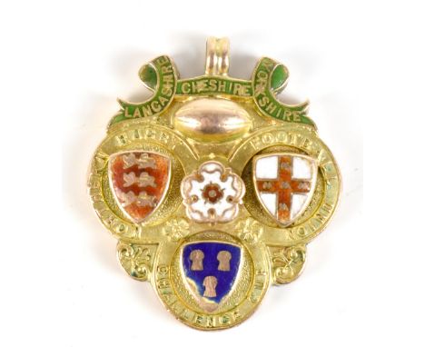 RUGBY INTEREST; a 15ct yellow gold enamel decorated medallion inscribed 'Northern Rugby Football Union Challenge Cup, Lancash