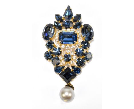 CHRISTIAN DIOR; a 1960s decorative brooch with simulated pearl drop inscribed 'Made for Christian Dior, Germany, 1964', lengt