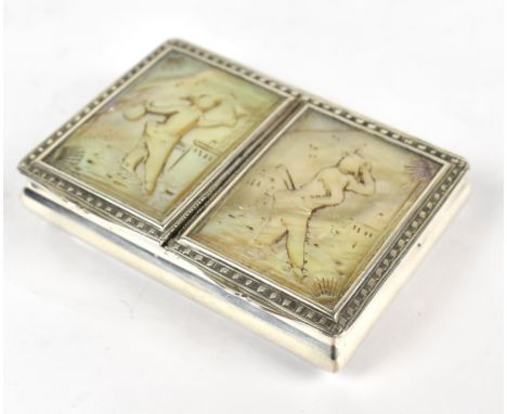 An 18th century silver two division rectangular snuff box, the twin hinged lids set with mother of pearl featuring figural de