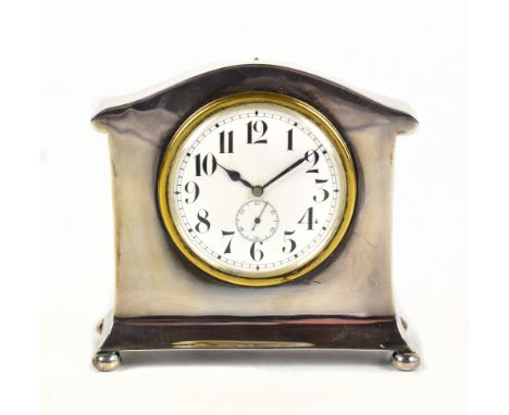 WALKER &amp; HALL; a hallmarked silver cased mantel clock, the circular enamel dial with Arabic numerals and subsidiary secon