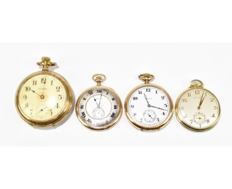 Four gold plated crown wind open face pocket watches, two by Waltham and two by Hamilton, the larger Waltham example with mov