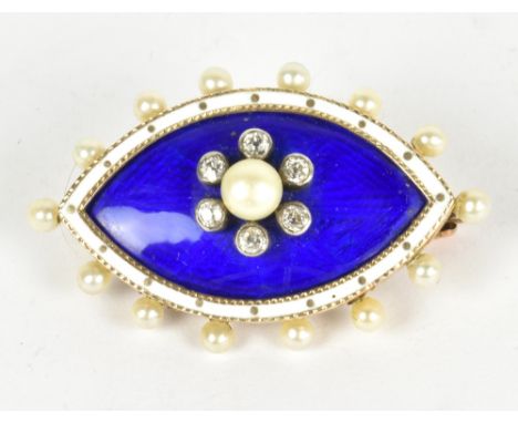 A Victorian yellow metal blue and white enamel cultured pearl and diamond set mourning brooch of lozenge form, the central pe