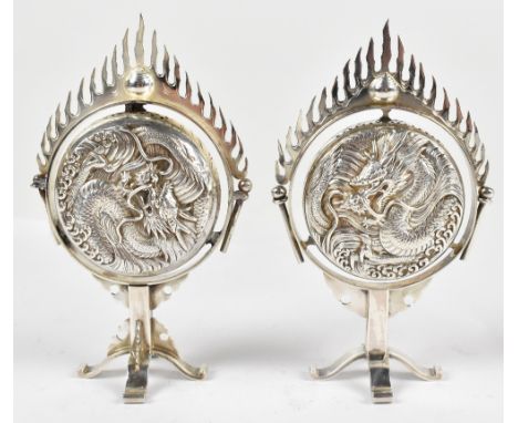 A pair of circa 1900 Chinese export incense vessels modelled as the Flaming Pearl of Wisdom, with detail of three clawed drag