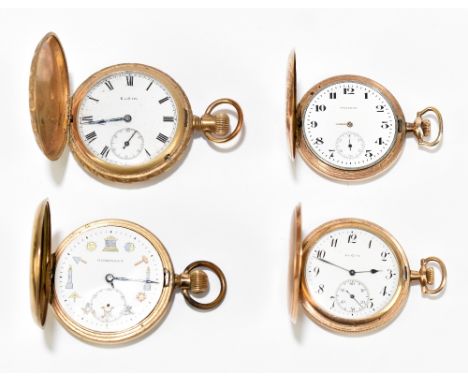 Four gold plated crown wind full hunter pocket watches, the first by Dominant with Masonic symbols as the hour markers and wi