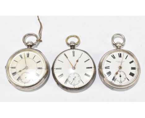 Three hallmarked silver key wind open face pocket watches with white enamel dial set with Roman numerals each with subsidiary