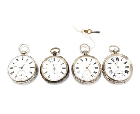 Four variously hallmarked silver key wind open face pocket watches each with Roman numerals and subsidiary seconds dial to th
