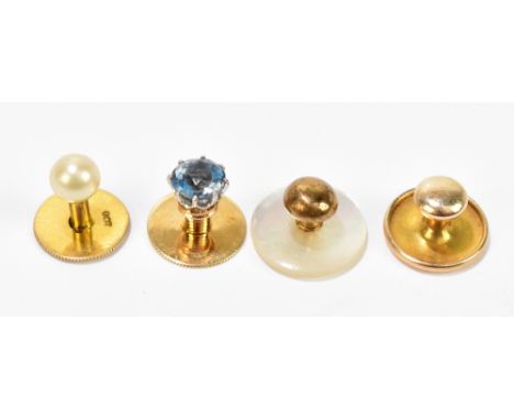 An 18ct yellow gold shirt stud with applied sapphire stone, and a similar 9ct example with faux pearl, a rolled gold example,