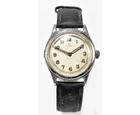 OMEGA; a 1940s/50s gentleman's stainless stainless steel wristwatch, the circular dial set with Arabic numerals, case numbere
