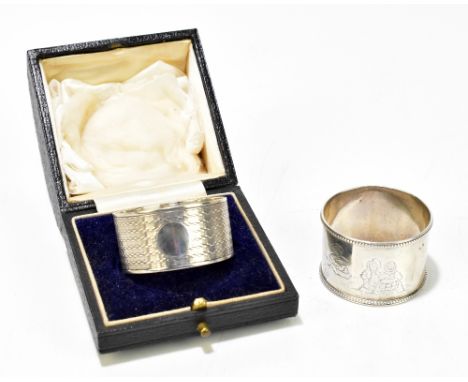 THOMAS BRADBURY &amp; SONS; a Victorian hallmarked silver napkin ring with engraved decoration of a scene from a nursery rhym