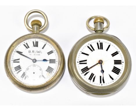 RAILWAY INTEREST (B.R.); a plated crown wind pocket watch with white enamel dial set with Roman numerals and subsidiary secon