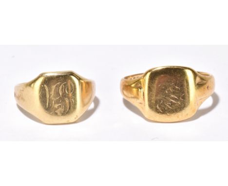 Two 9ct yellow gold signet rings, both indistinctly engraved with initials, sizes K1/2 and T, combined approx 10.3g (2).Addit