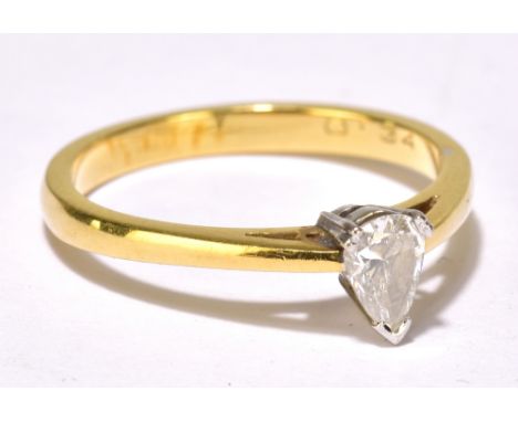 An 18ct yellow gold and diamond solitaire ring with pear cut diamond weighing 0.34ct, size N, approx 3g.Additional Informatio