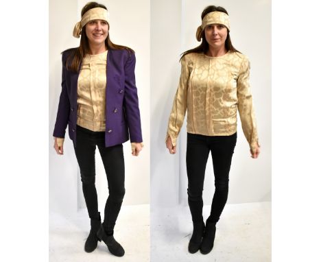 GIANNI VERSACE; a purple 100% wool double-breasted jacket with heavy silver tone buttons (size M), and an André Laug 100% cre