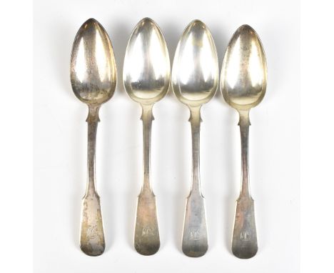 J ORALLY; a set of four William IV Scottish hallmarked silver Fiddle pattern table spoons, each with engraved initials JL to 