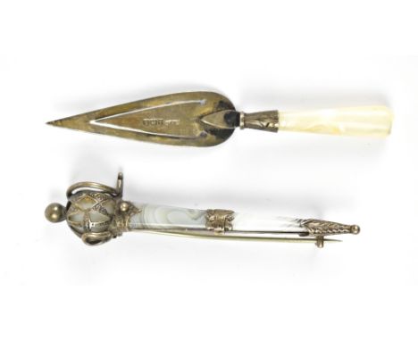 A Scottish white metal agate scarf pin in the form of a basket hilt sword,&nbsp;length 7cm, also a&nbsp;hallmarked silver min