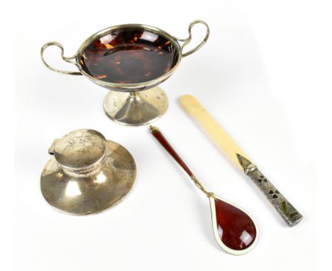 An Edward VII hallmarked silver and faux tortoiseshell twin handled pedestal bonbon dish, London 1908, height 9.5cm, length 1