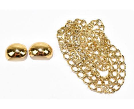 CHRISTIAN DIOR; a long gold tone heavy link chain necklace with diamante detail inserts, length 88cm, and a pair of Christian