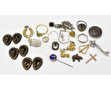 A mixed group of assorted costume jewellery including six 19th century black glass button fronts, novelty hallmarked silver b