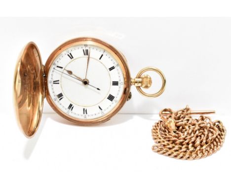A 9ct yellow gold crown wind full hunter pocket watch with white enamel dial set with Roman numerals, 9ct gold cuvette and mo