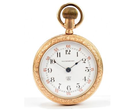 WATERBURY; a lady's yellow metal crown wind pocket watch with enamel dial and Arabic numerals, diameter 35mm.Additional Infor