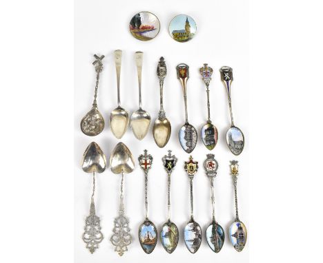 A group of Continental silver to include eight town spoons with enamel decorated bowls and crests, a small Scandinavian ename