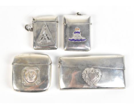 WILLIAM NEALE; a Victorian hallmarked silver vesta case with applied crown dated 1887, Birmingham 1893, together with a furth