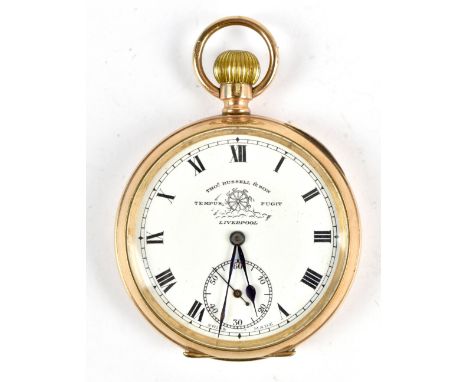 THOMAS RUSSELL &amp; SON OF LIVERPOOL;&nbsp; a 9ct yellow gold cased open faced crown wind pocket watch, the signed white ena