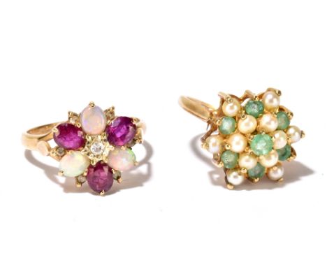 Two 9ct yellow gold floral set rings, the first with opals, size P1/2, the second with cultured pearls, size M, combined appr