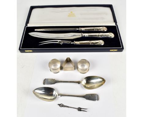 T COX SAVORY; a pair of George IV hallmarked silver Fiddle pattern table spoons with engraved ‘J’ to terminals, London 1829, 