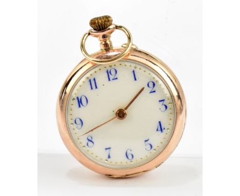 A lady's 9ct yellow gold crown wind fob watch with enamel dial set with Arabic numerals, diameter 25mm, approx 13.6g.Addition