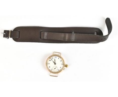 FRANCOIS BORGEL; a 14ct gold cased WWI trench watch, the white enamelled dial set with Arabic numerals, with later attached l
