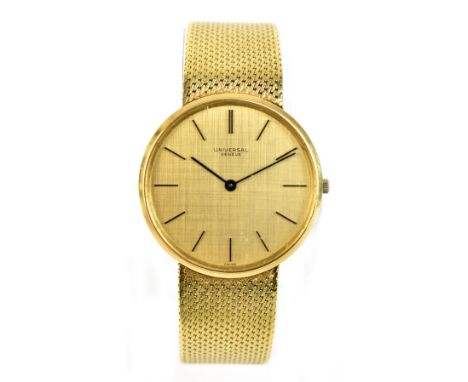 UNIVERSAL; a gentleman’s 18ct yellow gold wristwatch, the circular dial set with gold batons and on integral tapering bracele