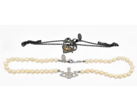 VIVIENNE WESTWOOD; a one-row pearl choker with iconic logo and a Vivienne Westwood black metal chain with bow heart and orb p